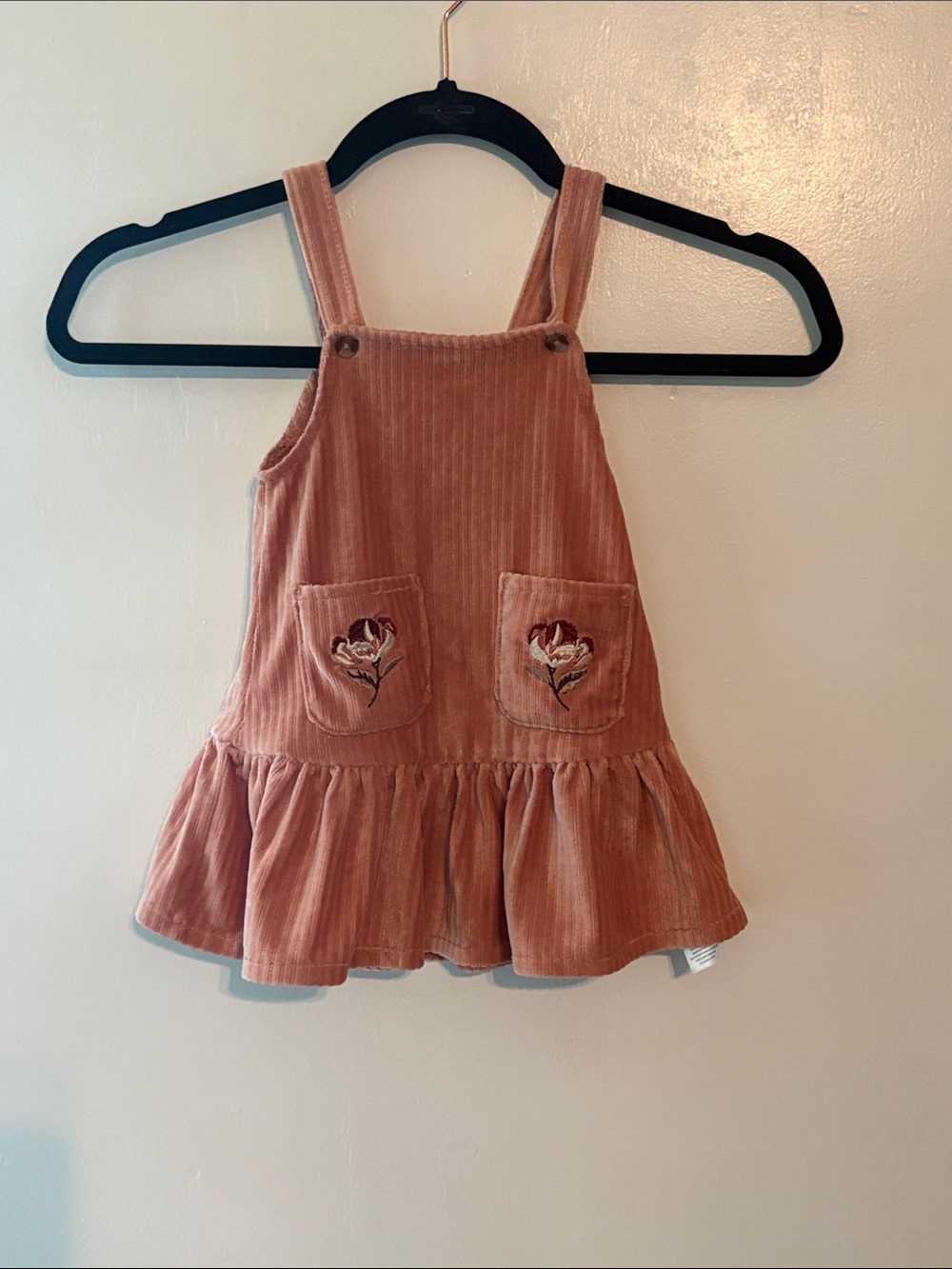 Tahari Dusty Rose Corduroy Girls Overall Dress with Embroidered Pockets